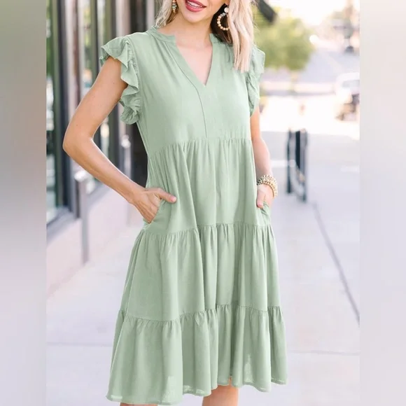 Spring Ruffle Layered V Neck Midi Dress Light Green - Picture 2 of 6